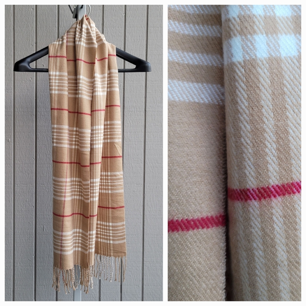 Soft Plaid Fringe Scarf Tan Red White Winter
